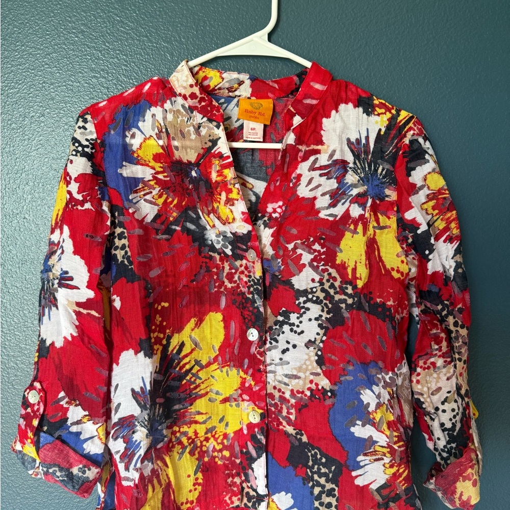 Ruby Rd. Red and Blue Floral Blouse